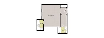 A floor plan of a small apartment with a living/dining area, kitchen, and bathroom.
