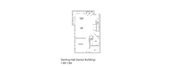 the floor plan of serving hall 1 br 1 ba