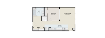 A floor plan of a house with a bath, bedroom, living/dining area, kitchen, and party space.