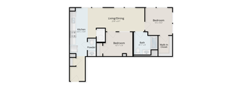 A floor plan of a house with a living/dining area, kitchen, two bedrooms, a bathroom, and a walk-in closet.
