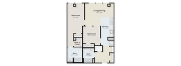 A floor plan of a house with two bedrooms, a living/dining area, a kitchen, a walk-in closet, and two bathrooms.