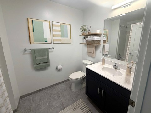A bathroom with a toilet, sink, and mirror.