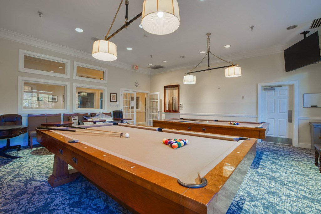 a game room with a pool table and a tv