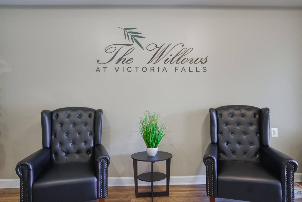 two black chairs in front of a wall with the widows at victoria falls