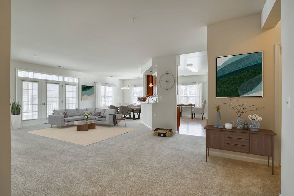 a living room with a couch and a table