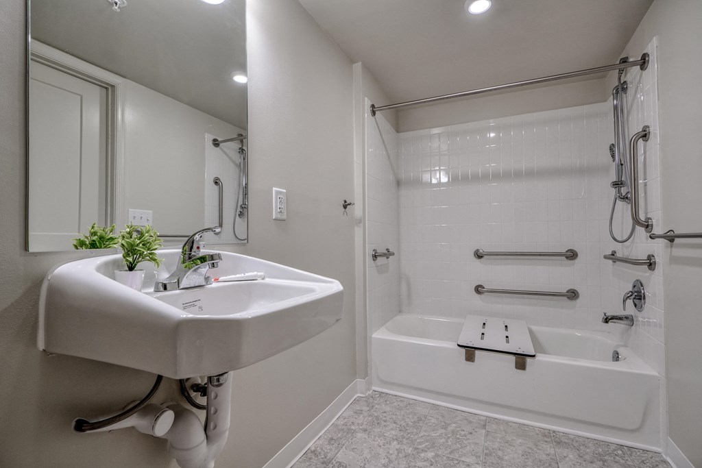 a bathroom with a sink and a shower and a tub