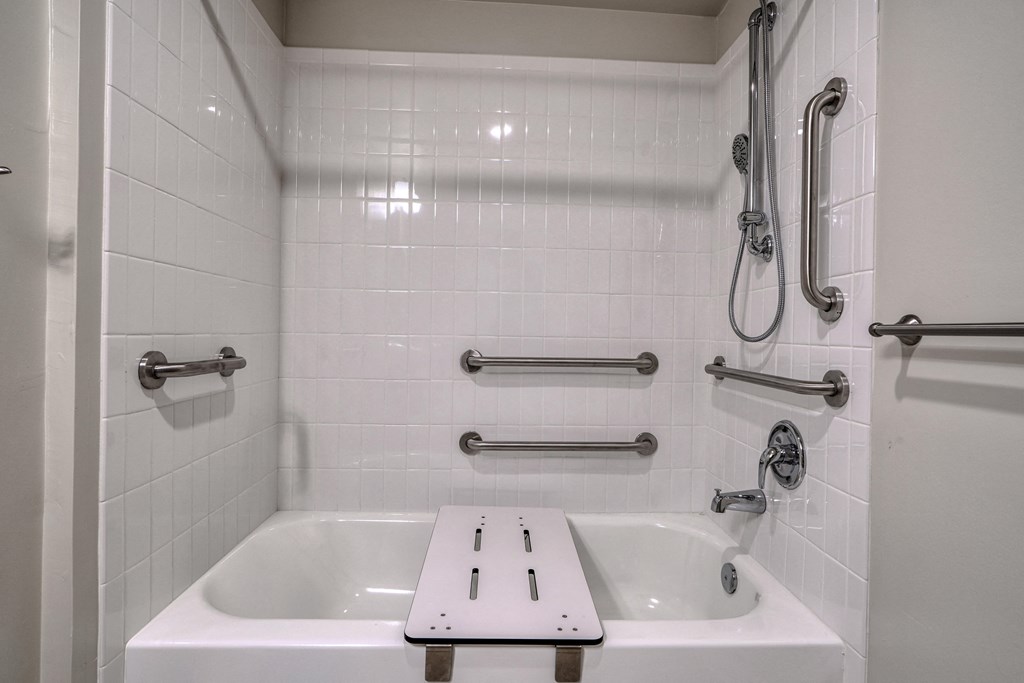 a accessible bathroom with a tub and a shower and grab bars