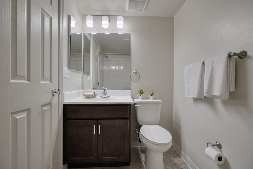 the preserve at ballantyne commons apartment bathroom with toilet sink and mirror