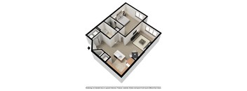 A 3D rendering of a house layout with a kitchen, living room, and bathroom.