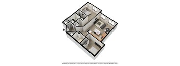A 3D floor plan of a house with a kitchen, living room, and bedrooms.