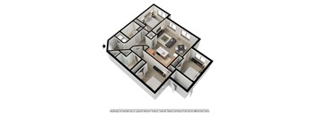A 3D floor plan of a house with a kitchen, living room, and bedrooms.
