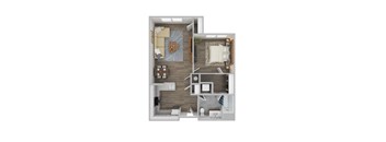 a 3d floor plan of a bedroom with a bathroom and a living room