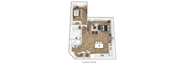 A floor plan of a small apartment with a kitchen, living room, and bathroom.