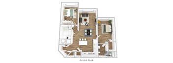 A floor plan of a house with a kitchen, living room, dining room, and two bedrooms.