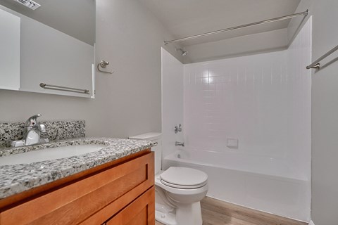 an empty bathroom with a sink toilet and shower