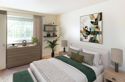 A bedroom with a large bed and a painting on the wall.
