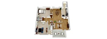 A top-down view of a house layout with a living room, dining room, kitchen, and bedrooms.