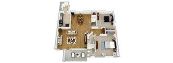 A top-down view of a well-furnished apartment.