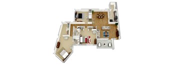 A top-down view of a house interior with a kitchen, living room, and dining area.