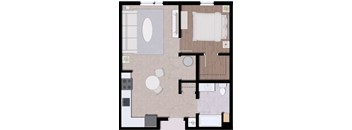 A floor plan of a room with a toilet, sink, and bathtub.