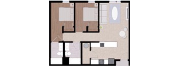 A floor plan of a house with two bedrooms, a living room, and a kitchen.