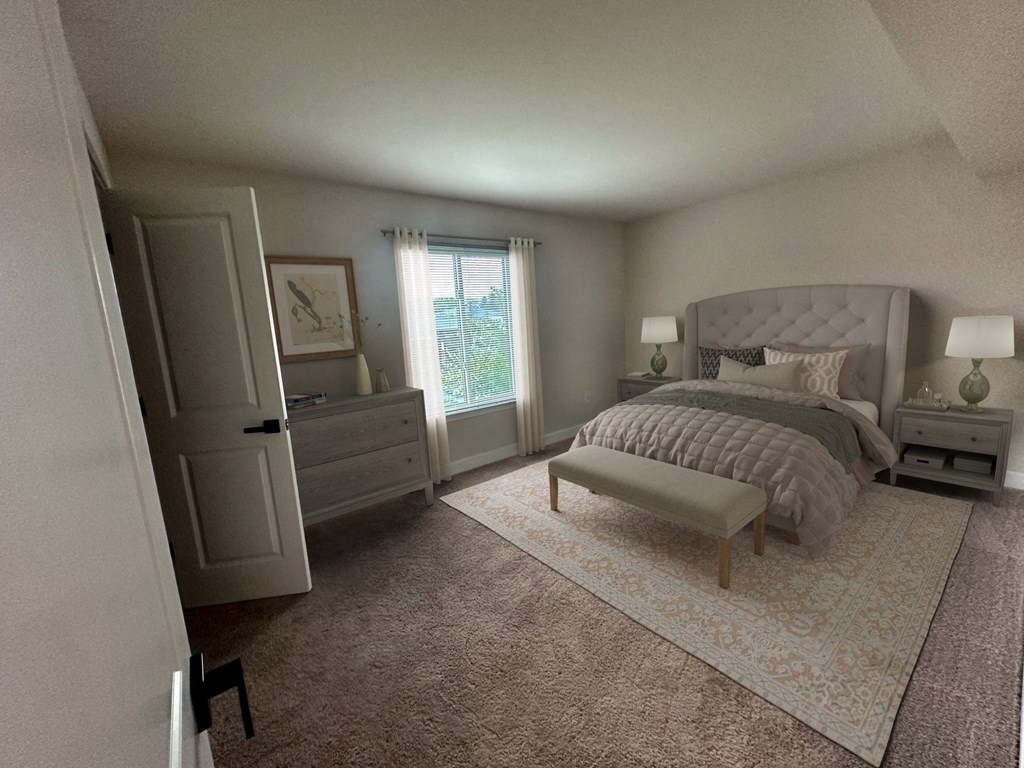a bedroom with a bed and a dresser and a window