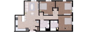 A floor plan of a house with a kitchen, living room, and two bedrooms.