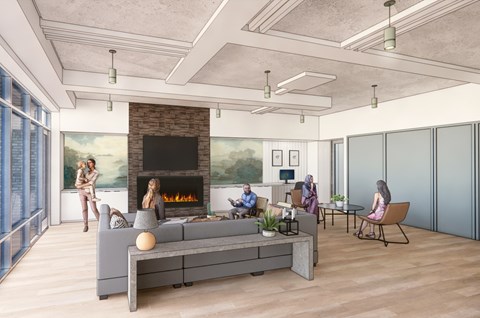 A group of people are sitting around a fireplace in a modern living room.