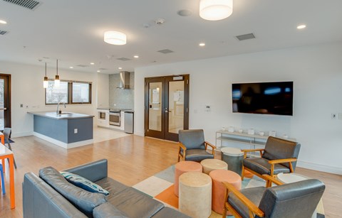 a living room with couches and chairs and a kitchen with a television