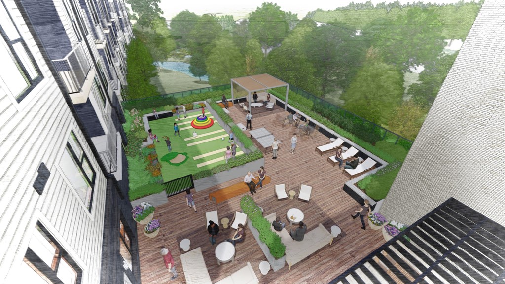 A rendering of a rooftop patio with people sitting and standing around.