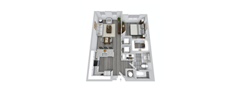 A top-down view of a modern apartment layout with a central living area, bedrooms, and a kitchen.