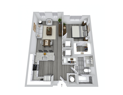 A top-down view of a modern apartment layout with a central living area, bedrooms, and a kitchen.