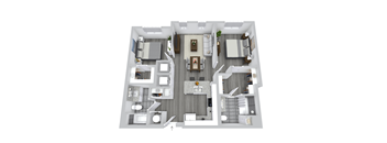 A 3D floor plan of a house with a kitchen, living room, and bathrooms.