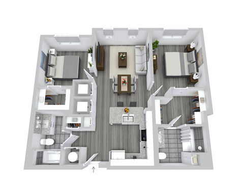 A 3D floor plan of a house with a kitchen, living room, and bathrooms.