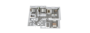 A 3D floor plan of a house with multiple rooms and furniture.