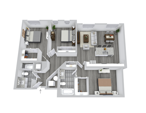 A 3D floor plan of a house with multiple rooms and furniture.