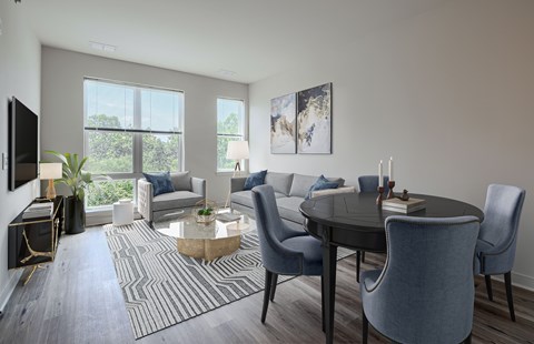 A modern living room with a grey sofa, a black coffee table, and a TV on the wall.
