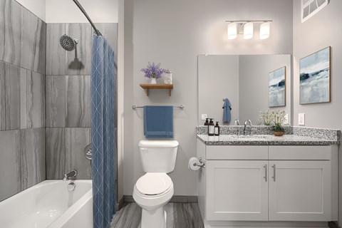 A bathroom with a white toilet, a bathtub with a shower head, a sink with a mirror, and a cabinet with a plant on top.