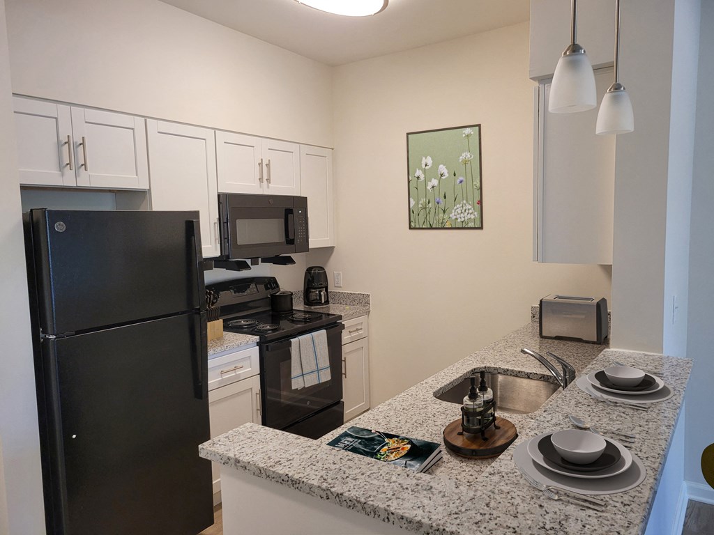 a kitchen with a granite counter top and a black refrigerator