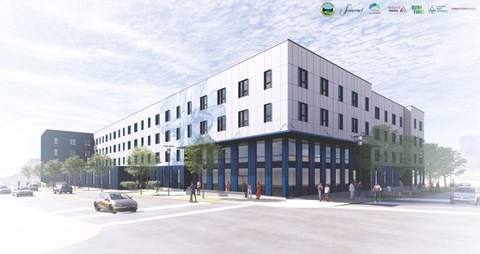 A modern building with a blue and white facade is depicted in the image.