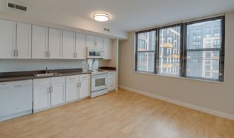 studio interior with kitchen