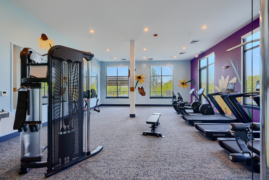 Now leasing senior 1-bedrooms in Baltimore, MD. A gym with treadmills, elliptical machines, and a bench.