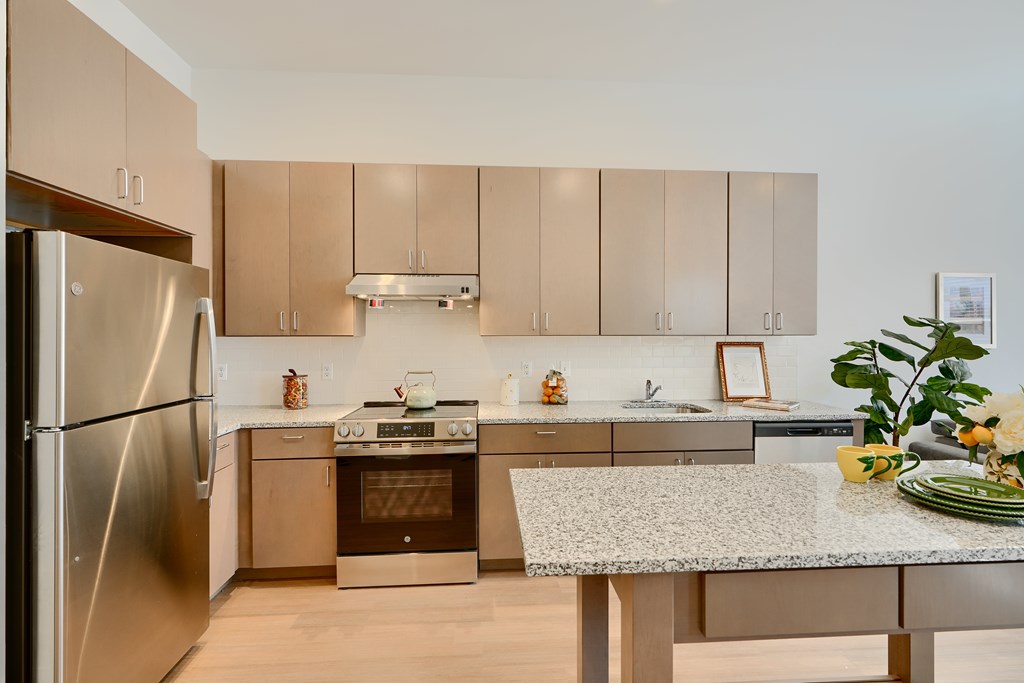 Now leasing senior 1-bedrooms in Baltimore, MD. A modern kitchen with a stainless steel refrigerator and a granite countertop.