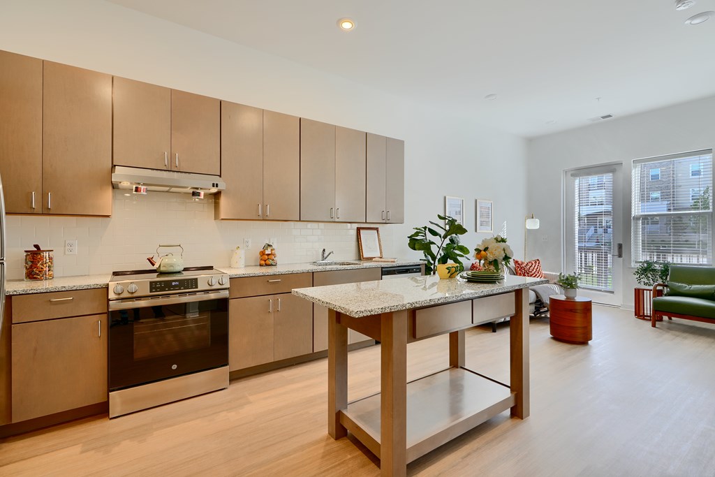 Now leasing senior 1-bedrooms in Baltimore, MD. A modern kitchen with wooden cabinets and stainless steel appliances.