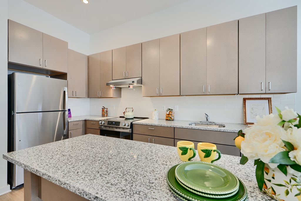 Now leasing senior 1-bedrooms in Baltimore, MD. A kitchen with a granite countertop and a refrigerator.