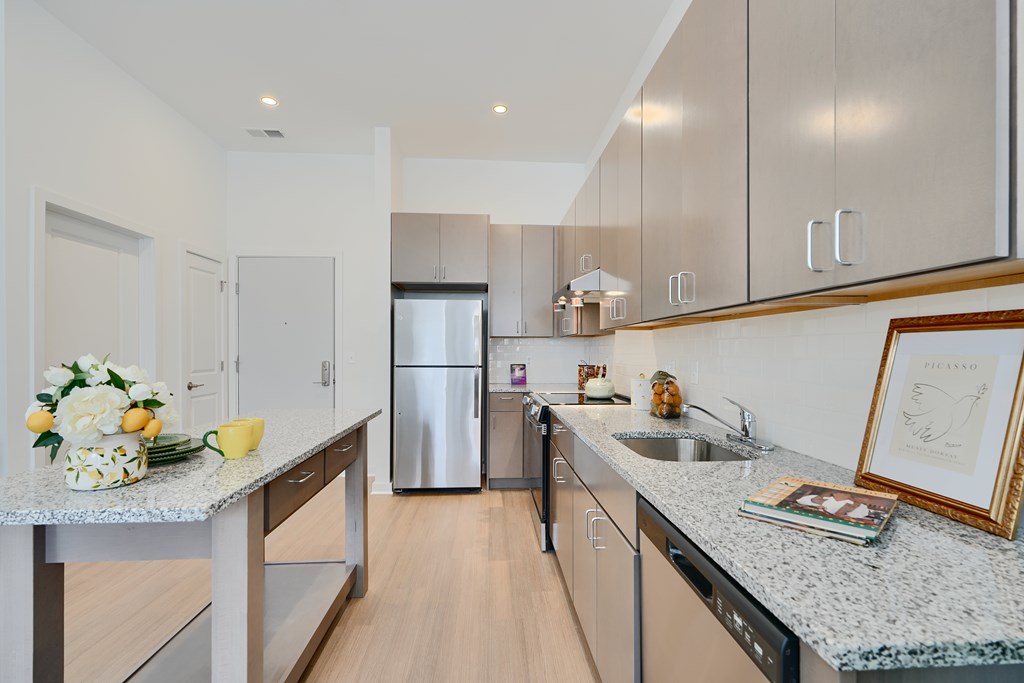 Now leasing senior 1-bedrooms in Baltimore, MD. A kitchen with a granite countertop and stainless steel appliances.