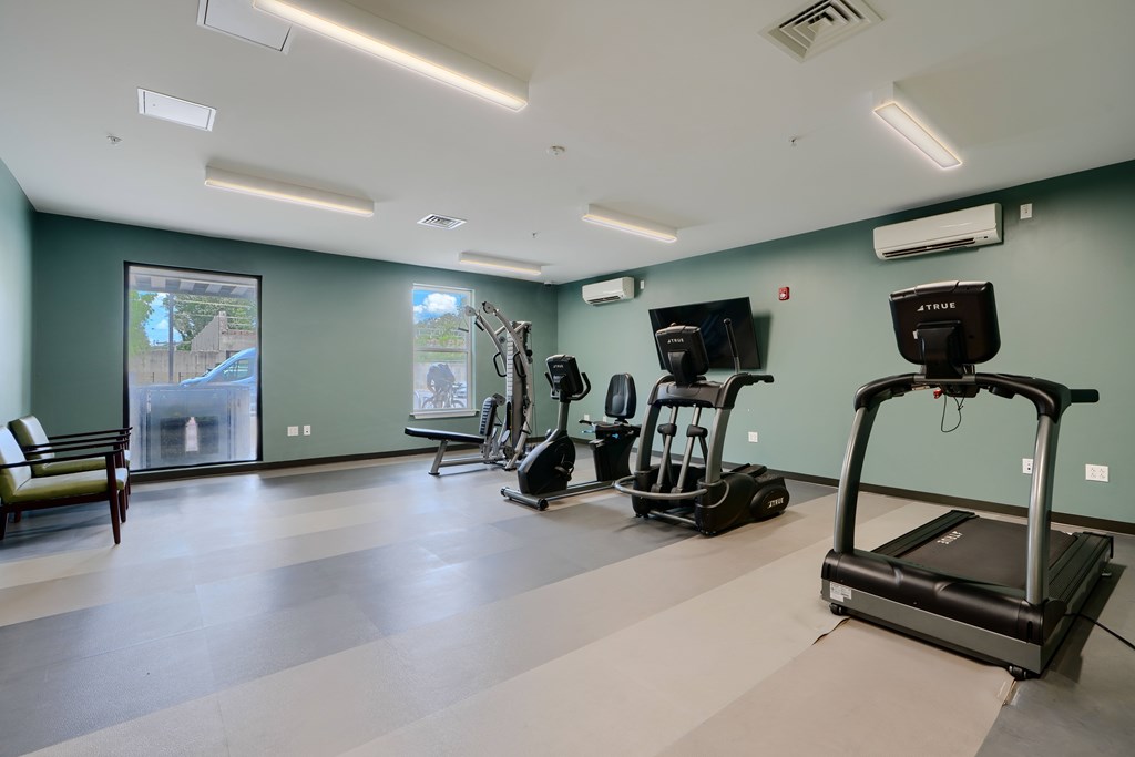 A gym with treadmills, elliptical machines, and a flat screen TV.