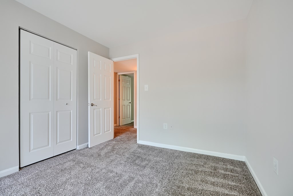 A room with a carpeted floor and two white doors.