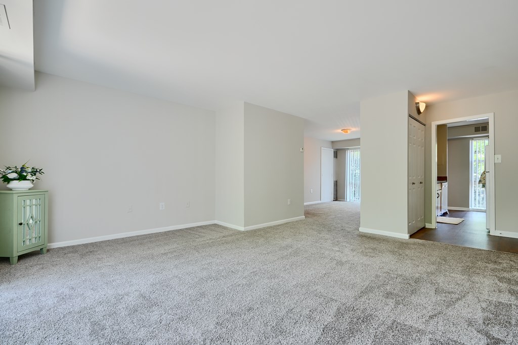 A room with a carpeted floor and a green cabinet.