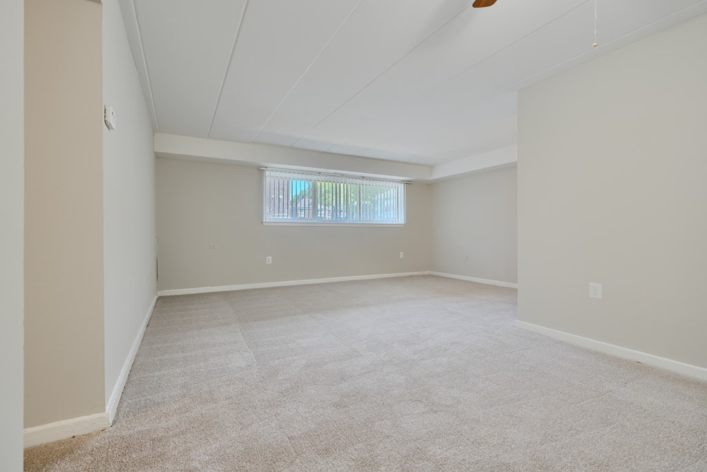 A room with a carpeted floor and a window.